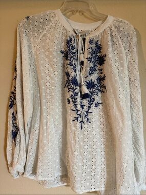 Jade White Eyelet Peasant Blouse with Blue Floral Embroidery